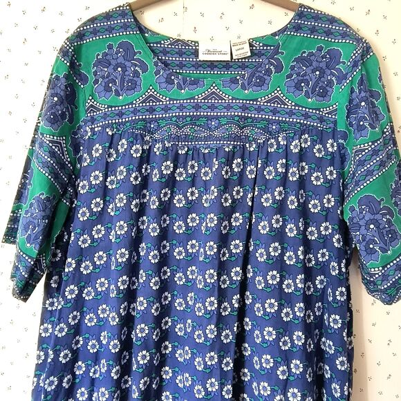 Vermont Country Store Dress L Blue Green Floral Tiered Midi Cotton Boho Mumu - Picture 3 of 15